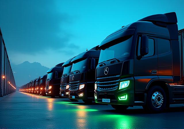 Modern trucking fleet lined up at dawn